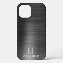 Elegant Black Faux Brushed Metallic Monogram  iPhone 12 Case