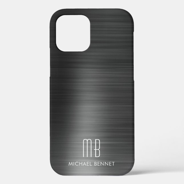 Elegant Black Faux Brushed Metallic Monogram  Case-Mate iPhone Case (Back)