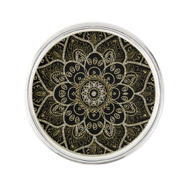 Elegant Black & Faux Diamonds Glitter Floral Manda Pin (Front)