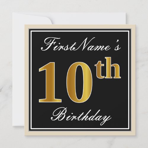 Elegant Black Faux Gold 10th Birthday  Name Invitation