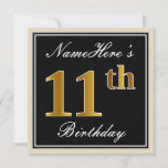 [ Thumbnail: Elegant, Black, Faux Gold 11th Birthday + Name Invitation ]