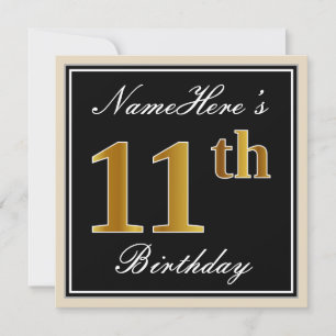 Elegant, Black, Faux Gold 11th Birthday + Name Invitation