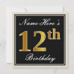 [ Thumbnail: Elegant, Black, Faux Gold 12th Birthday + Name Invitation ]