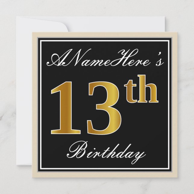 Elegant, Black, Faux Gold 13th Birthday + Name Invitation (Front)