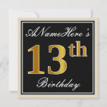 [ Thumbnail: Elegant, Black, Faux Gold 13th Birthday + Name Invitation ]