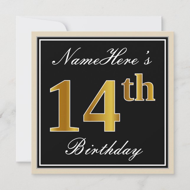 Elegant, Black, Faux Gold 14th Birthday + Name Invitation (Front)