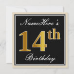 [ Thumbnail: Elegant, Black, Faux Gold 14th Birthday + Name Invitation ]