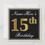 [ Thumbnail: Elegant, Black, Faux Gold 15th Birthday + Name Invitation ]