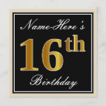 [ Thumbnail: Elegant, Black, Faux Gold 16th Birthday + Name Invitation ]