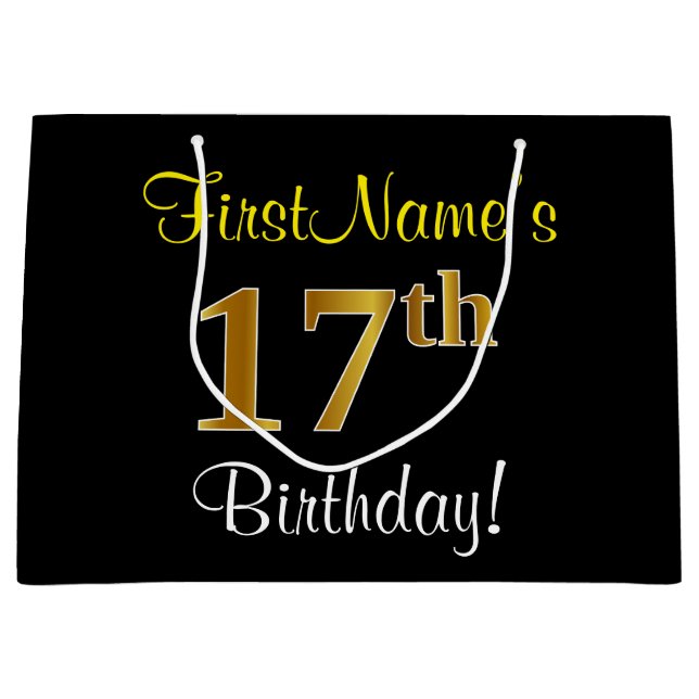 Elegant, Black, Faux Gold 17th Birthday + Name Large Gift Bag (Front)