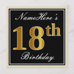 [ Thumbnail: Elegant, Black, Faux Gold 18th Birthday + Name Invitation ]