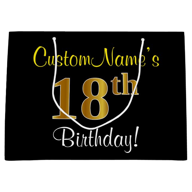 Elegant, Black, Faux Gold 18th Birthday + Name Large Gift Bag (Front)