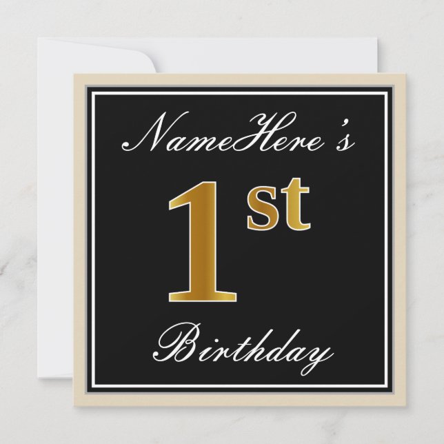 Elegant, Black, Faux Gold 1st Birthday + Name Invitation (Front)