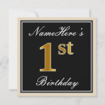 [ Thumbnail: Elegant, Black, Faux Gold 1st Birthday + Name Invitation ]