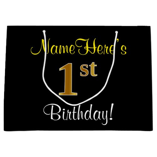 Elegant Black Faux Gold 1st Birthday  Name Large Gift Bag