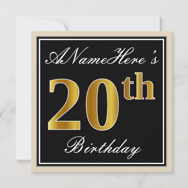 Elegant, Black, Faux Gold 20th Birthday + Name Invitation (Front)
