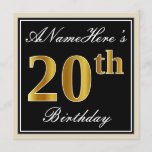 [ Thumbnail: Elegant, Black, Faux Gold 20th Birthday + Name Invitation ]