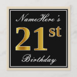 [ Thumbnail: Elegant, Black, Faux Gold 21st Birthday + Name Invitation ]