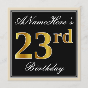 Elegant, Black, Faux Gold 23rd Birthday + Name Invitation