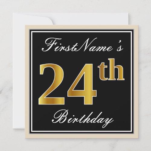 Elegant Black Faux Gold 24th Birthday  Name Invitation