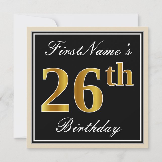 Elegant, Black, Faux Gold 26th Birthday + Name Invitation (Front)