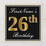 [ Thumbnail: Elegant, Black, Faux Gold 26th Birthday + Name Invitation ]