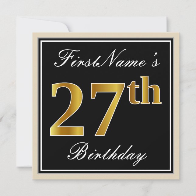 Elegant, Black, Faux Gold 27th Birthday + Name Invitation (Front)