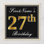 [ Thumbnail: Elegant, Black, Faux Gold 27th Birthday + Name Invitation ]