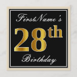 [ Thumbnail: Elegant, Black, Faux Gold 28th Birthday + Name Invitation ]