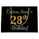 [ Thumbnail: Elegant, Black, Faux Gold 28th Birthday + Name Gift Bag ]