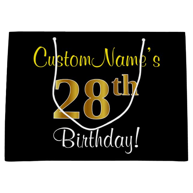 Elegant, Black, Faux Gold 28th Birthday + Name Large Gift Bag (Front)