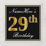 [ Thumbnail: Elegant, Black, Faux Gold 29th Birthday + Name Invitation ]