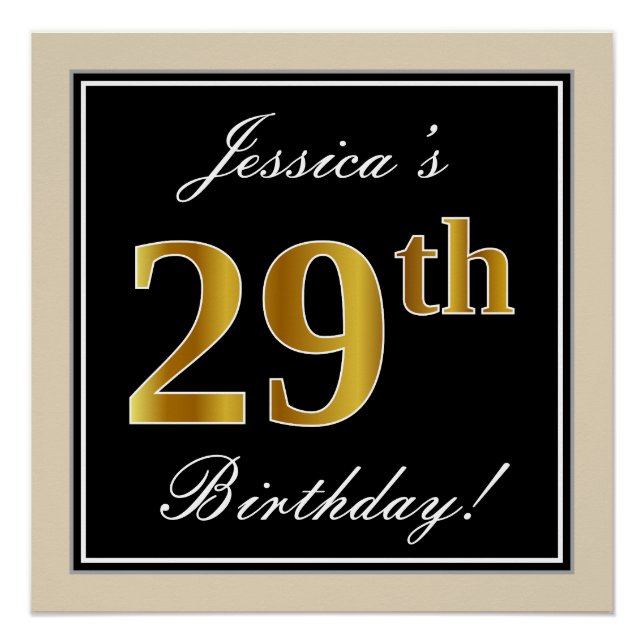 Elegant, Black, Faux Gold 29th Birthday + Name Poster (Front)