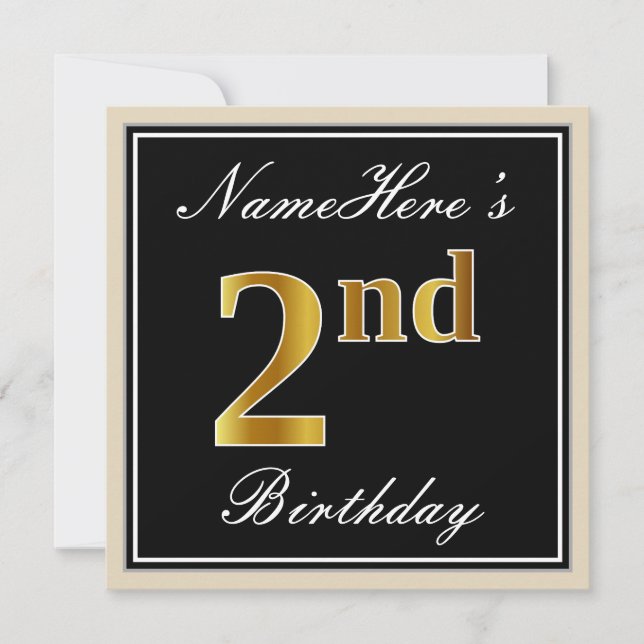 Elegant, Black, Faux Gold 2nd Birthday + Name Invitation (Front)