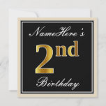 [ Thumbnail: Elegant, Black, Faux Gold 2nd Birthday + Name Invitation ]