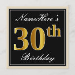 [ Thumbnail: Elegant, Black, Faux Gold 30th Birthday + Name Invitation ]