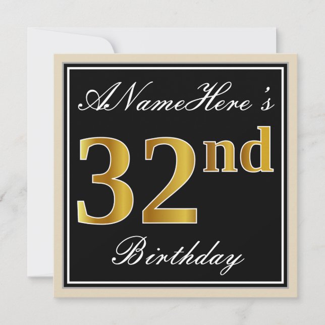 Elegant, Black, Faux Gold 32nd Birthday + Name Invitation (Front)