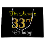 [ Thumbnail: Elegant, Black, Faux Gold 33rd Birthday + Name Gift Bag ]