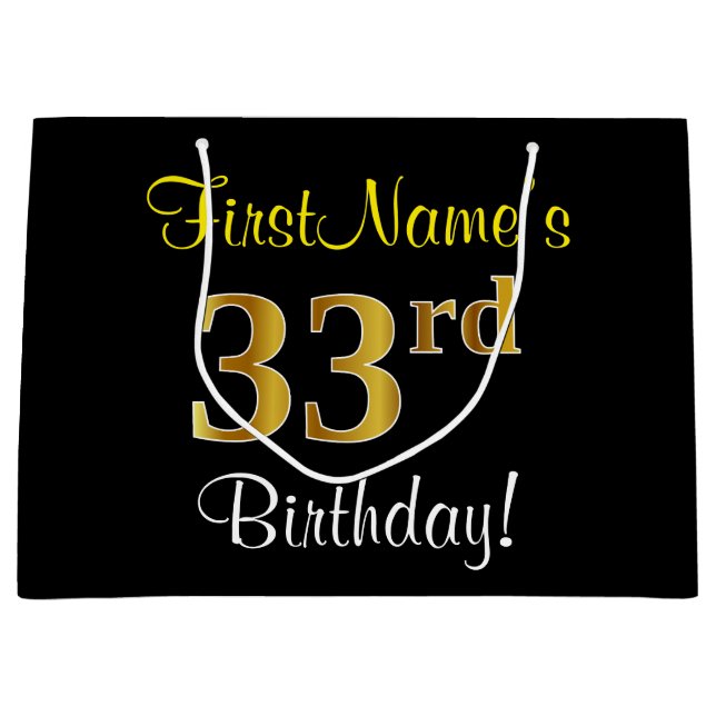 Elegant, Black, Faux Gold 33rd Birthday + Name Large Gift Bag (Front)