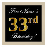 [ Thumbnail: Elegant, Black, Faux Gold 33rd Birthday + Name Poster ]