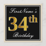 [ Thumbnail: Elegant, Black, Faux Gold 34th Birthday + Name Invitation ]