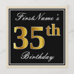[ Thumbnail: Elegant, Black, Faux Gold 35th Birthday + Name Invitation ]