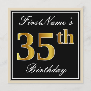 Elegant, Black, Faux Gold 35th Birthday + Name Invitation