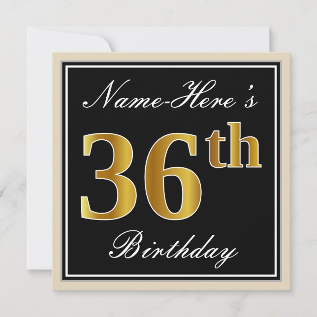 Elegant, Black, Faux Gold 36th Birthday + Name Invitation (Front)