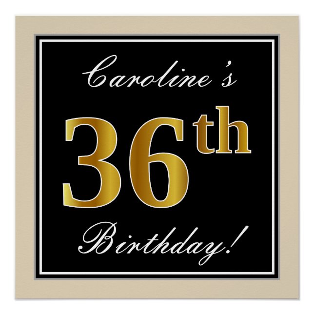 Elegant, Black, Faux Gold 36th Birthday + Name Poster (Front)