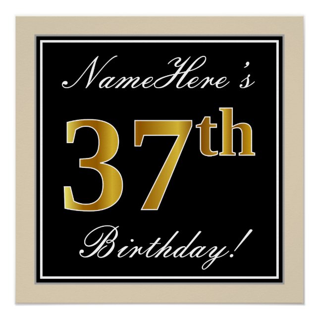 Elegant, Black, Faux Gold 37th Birthday + Name Poster (Front)