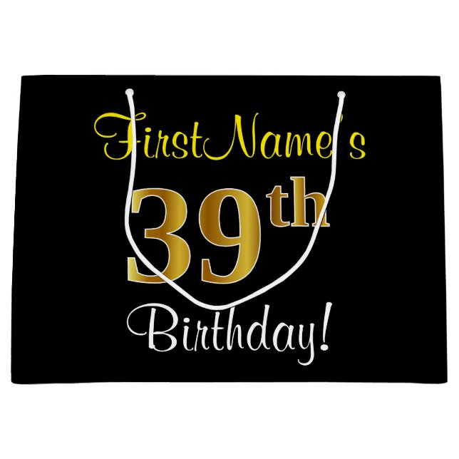 Elegant, Black, Faux Gold 39th Birthday + Name Large Gift Bag (Front)