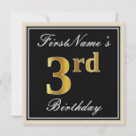 [ Thumbnail: Elegant, Black, Faux Gold 3rd Birthday + Name Invitation ]