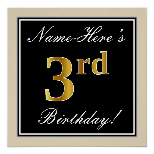 Elegant, Black, Faux Gold 3rd Birthday + Name Poster (Front)