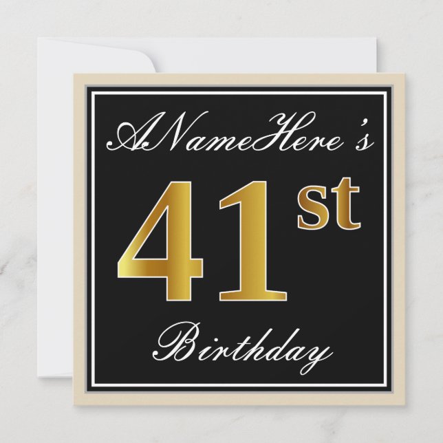 Elegant, Black, Faux Gold 41st Birthday + Name Invitation (Front)